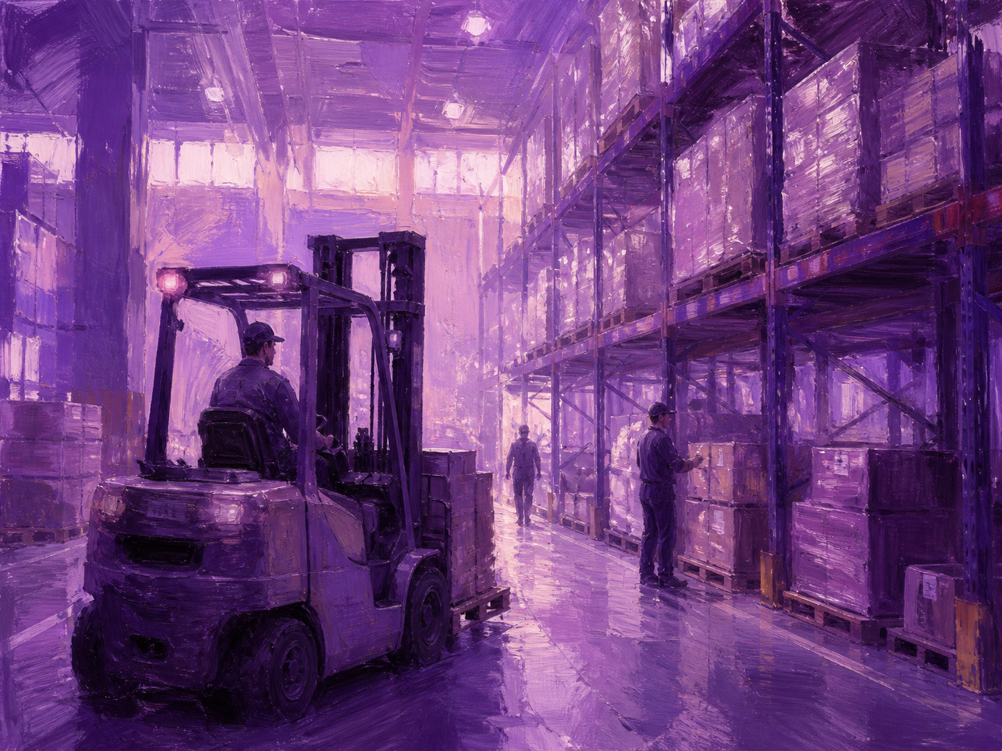 Illustration of warehouse workers in a Gulf logistics hub