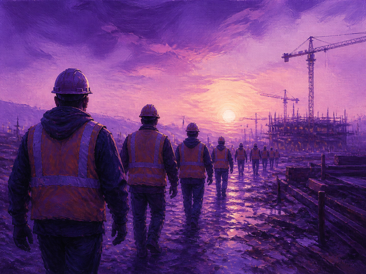 Illustration of construction workers on a Saudi giga-project site