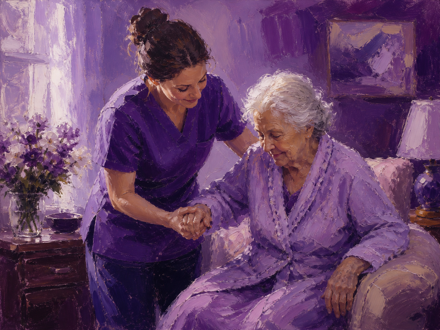 Illustration of a care worker considering the UK visa route