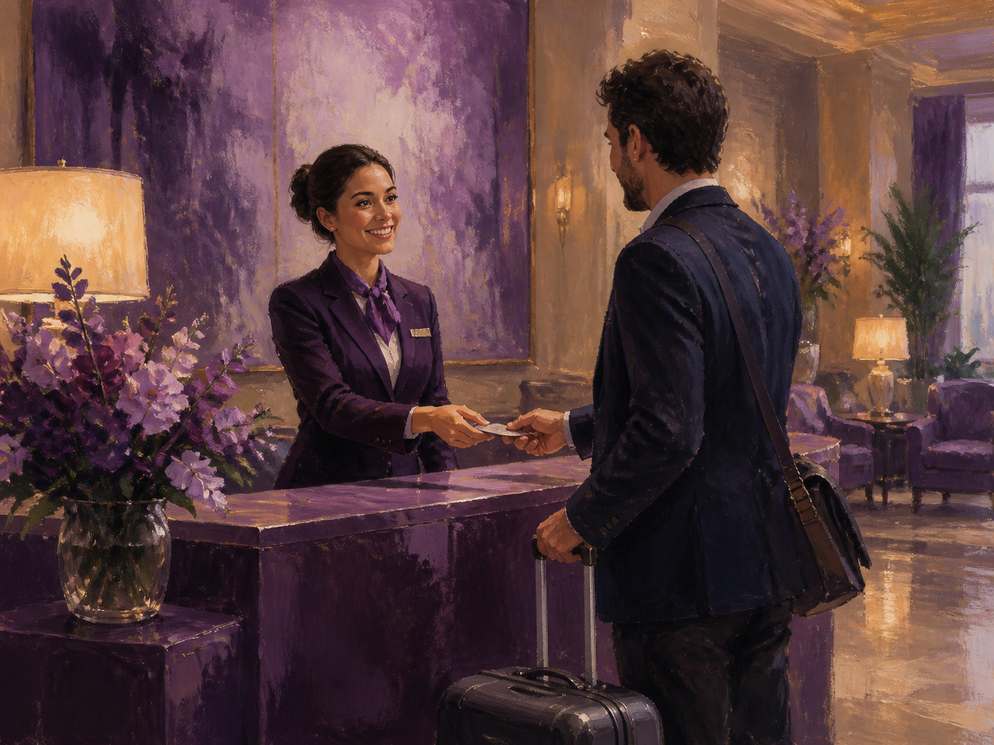 Illustration of a hospitality professional advancing in a Dubai hotel