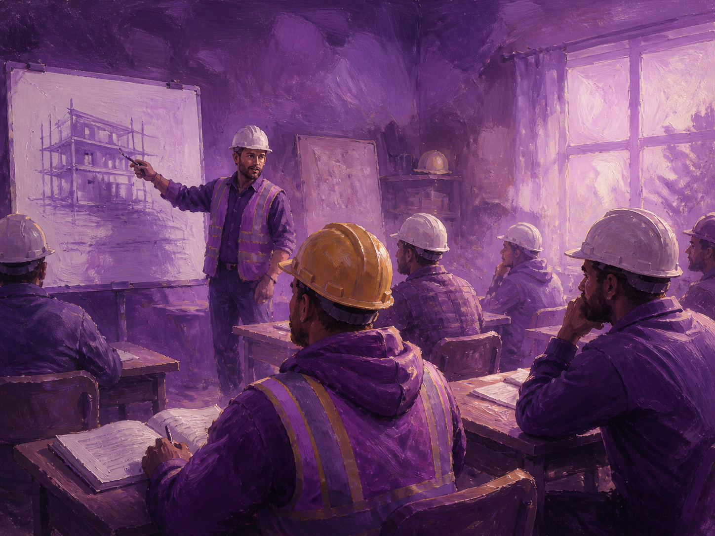 Illustration of a construction worker advancing from helper to supervisor