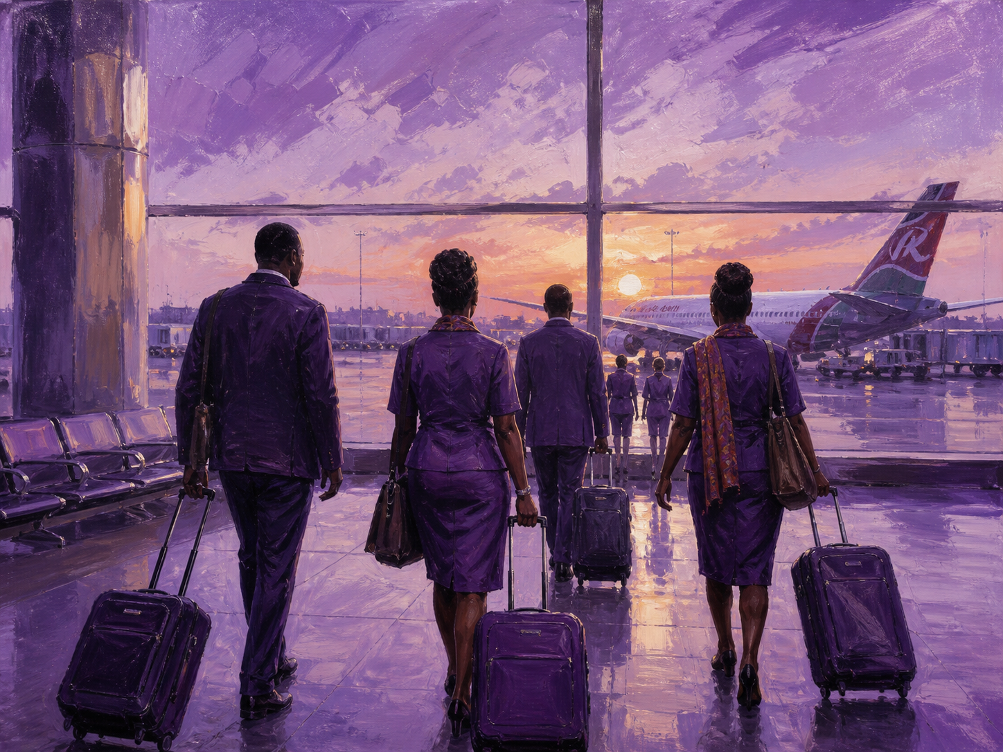Illustration of Kenyan workers departing for Gulf jobs