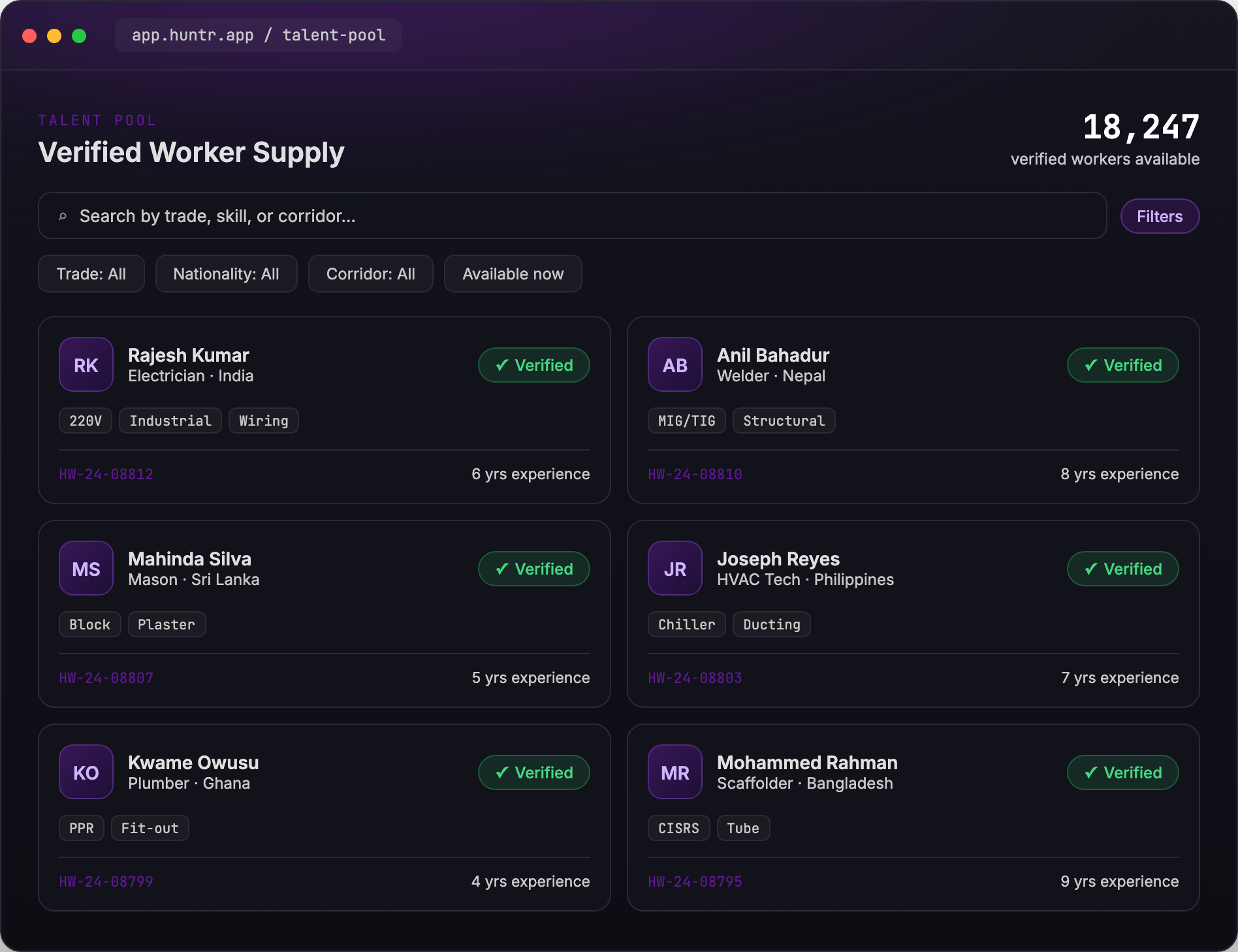 Verified worker supply — talent pool browse view